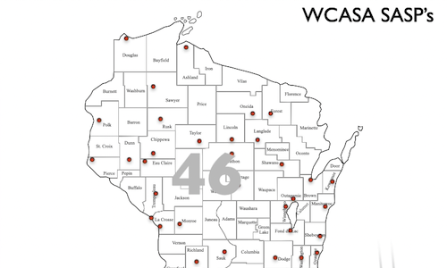 screenshot from animation showing state of WI outline with 46 Service Provider locations